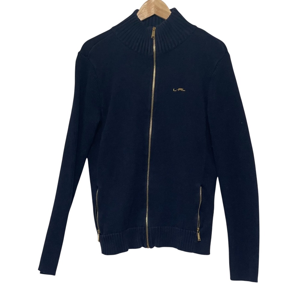 Lauren Ralph Lauren Navy Blue Full Zip Cotton Cardigan Sweater Mock Neck Large